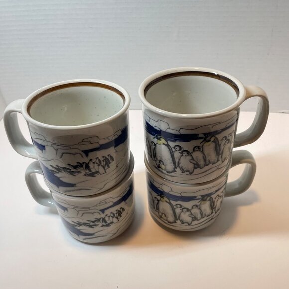 Set Of 4 Vintage Penguin Design Ceramic Coffee Mugs With Arctic Scene - 8 Oz Cap - Picture 5 of 9